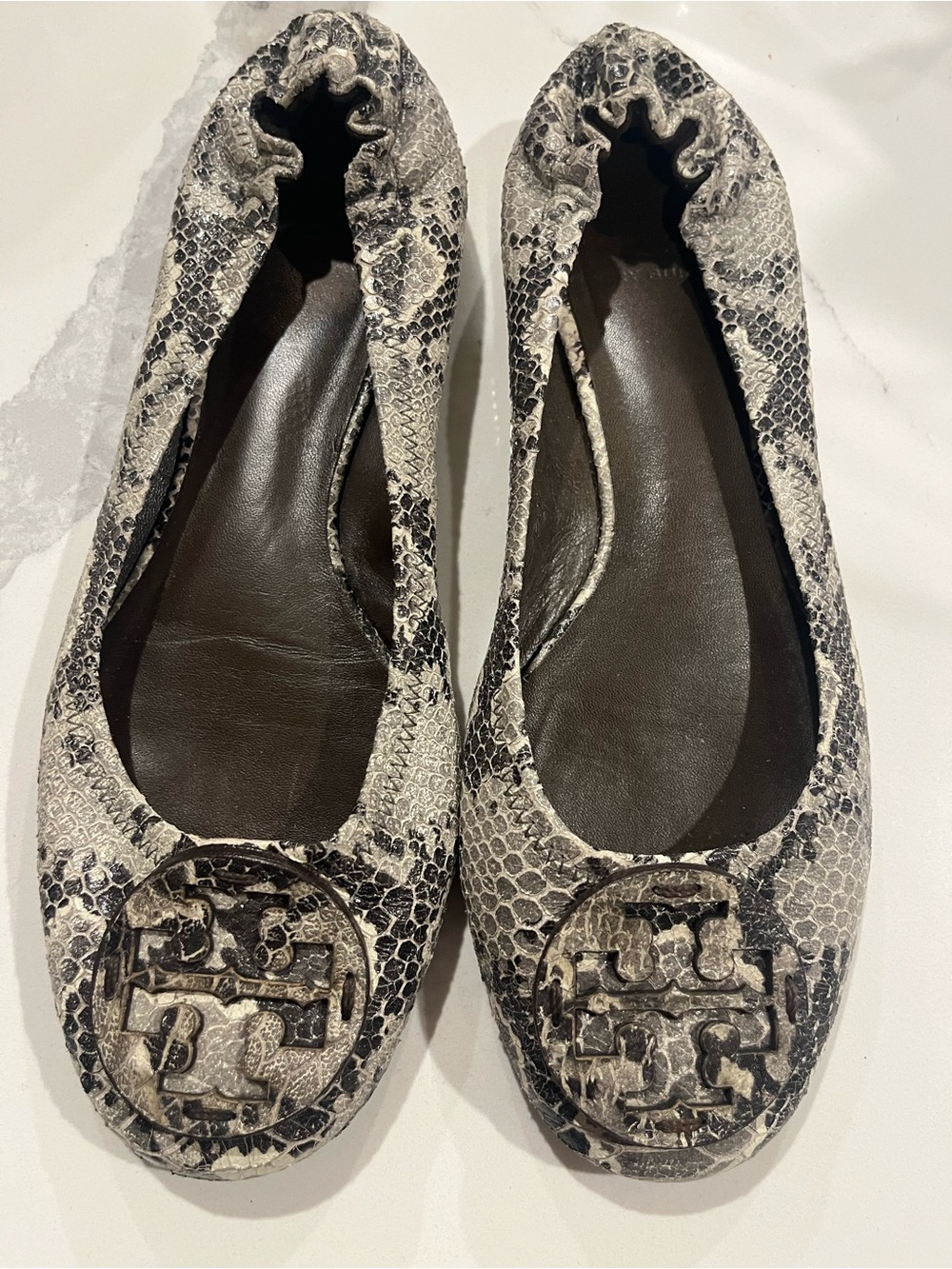 Tory Burch Snake-Print Ballet Flats in Black and Cream